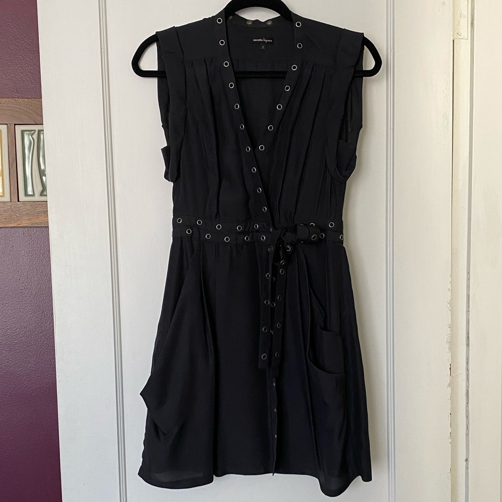 Nanette Lepore black silk wrap dress with silver eyelet detailing